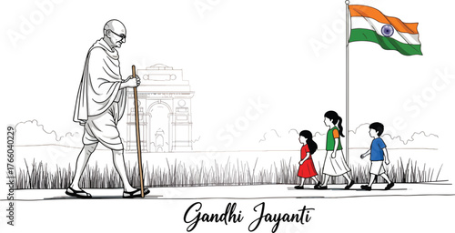 Illustration of mahatma gandhi walking with children near the indian flag for gandhi jayanti