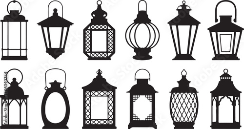 Diverse ornate black lanterns with intricate designs and handles lamp light