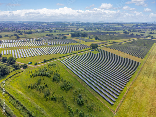 Aerial view of solar panels in fields