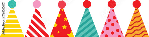 Vector art of colorful party hats with pom poms for birthday celebration and decoration