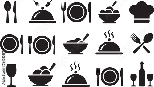 Restaurant Food and Beverage Icon Set | Black and White Culinary Illustration for Menu Design