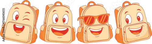 Vector art of cute cartoon school backpack character, expressing various emotions and expressions
