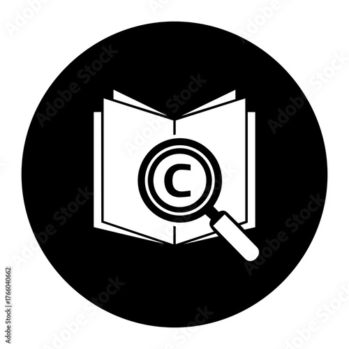 Vector art of copyright symbol inside a magnifying glass over an open book, representing intellectual property and legal protection