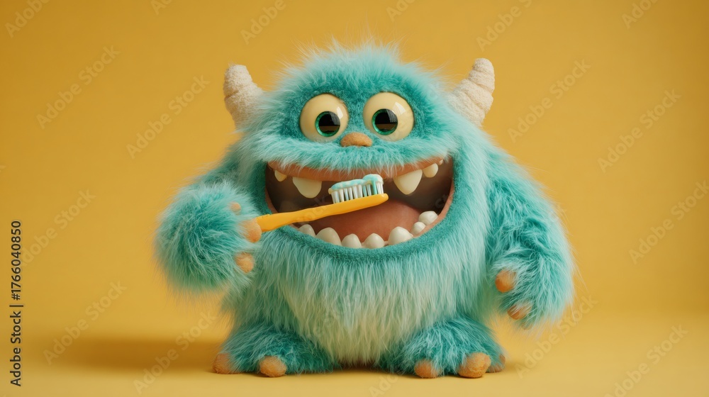 Fototapeta premium Funny fluffy monster brushing its teeth. Happy green creature with toothbrush and white toothpaste. Oral hygiene concept for children.