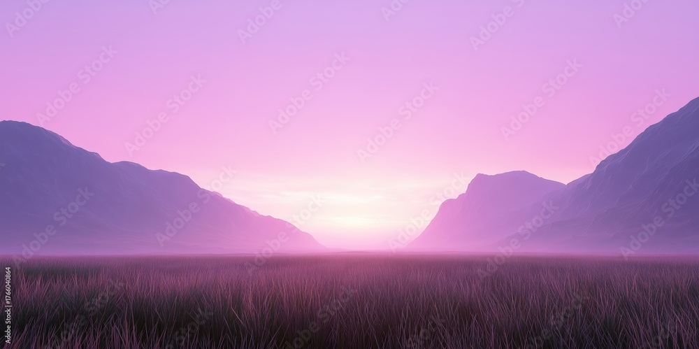 Fototapeta premium Misty grasslands with pastel sky, Peaceful lavender sunrise above foggy grasslands and distant mountain horizon for creative inspiration