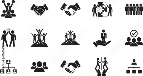 Vector art of collection of business and teamwork icons in black and white for presentations