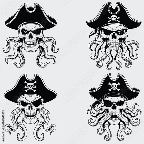 Octopus Skull In Pirate Hat SVG Bundle, Octopus With Pirate Hat SVG Bundle, Skull Head SVG, Octopus SVG, Pirate Hat SVG, Silhouette, Vector, Cutting File For Cricut SVG, T-shirt Design