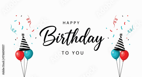 Vector art of happy birthday greeting card with balloons and party hats birthday wishes and celebration