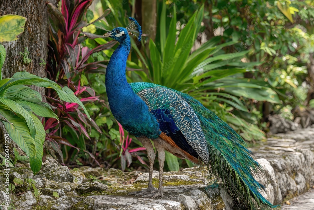Obraz premium Vibrant Peacock Displaying Its Plumage in the Lush Coyaba Gardens of Ocho Rios, Jamaica - A Colorful Bird in a Caribbean Paradise