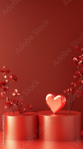 Bright Red Heart Sculpture on Circular Pedestal Against Solid Red Background