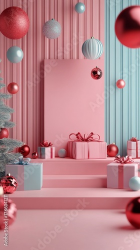 Festive Holiday Decoration With Pink Backdrop and Colorful Ornaments for Crea...