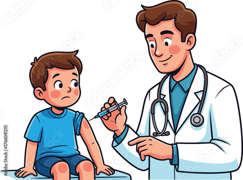 Cartoon doctor giving vaccine injection to young boy, medical illustration of pediatric healthcare, child vaccination, immunization, hospital treatment concept