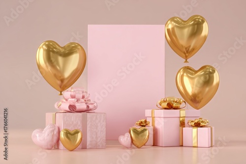 Golden Heart Balloons and Pink Gifts Create a Festive Celebration Display for...