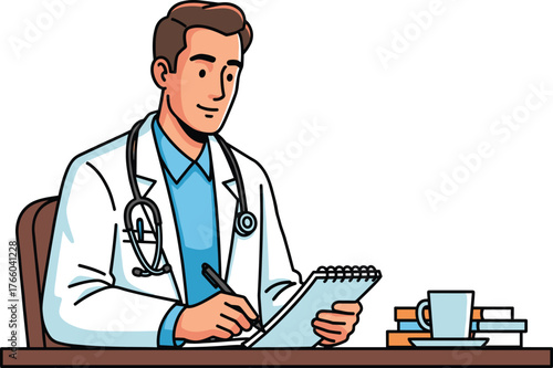 Cartoon doctor writing notes at desk, medical professional in white coat with stethoscope, healthcare consultation illustration, hospital vector design.