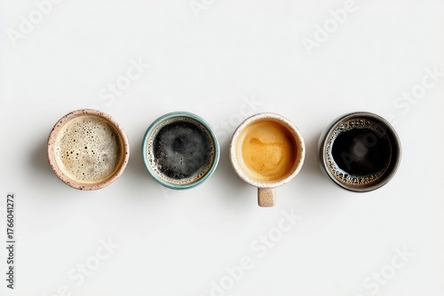 Different Types of Coffee Served in Colorful Cups on a White Table