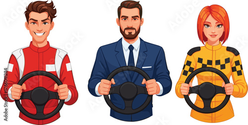 Cartoon drivers holding steering wheel, professional race car driver, business man driver and female driver vector illustration for transportation design.