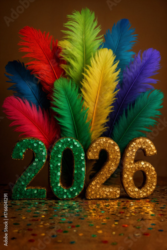 9:16, Vibrant studio still life for Rio Carnival 2026: sparkling sequined “2026” numbers framed by colorful feathers on a warm backdrop with scattered confetti. Perfect for party banners, posters