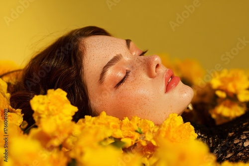 Woman Resting Among Bright Yellow Flowers in a Vibrant Field During Warm Dayl...