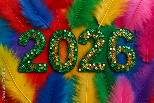 Vibrant studio still life for Rio Carnival 2026: sparkling sequined “2026” numbers framed by colorful feathers on a warm backdrop with scattered confetti. Perfect for party banners, posters