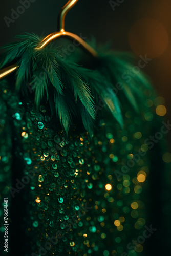 9:16, Emerald and gold carnival feathers with sequins — macro costume detail for Rio Carnival