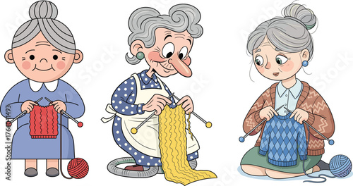 Cartoon elderly women knitting, handmade craft illustration, senior ladies with yarn, cozy hobby concept, traditional textile art, peaceful creative activity