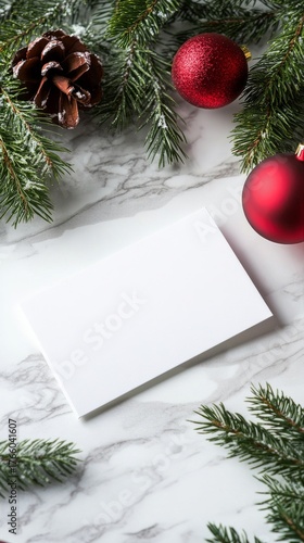 Holiday Greeting Card Surrounded by Red Ornaments and Green Pine Branches