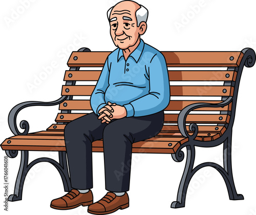 Cartoon elderly man sitting alone on park bench, thoughtful senior character illustration, retirement lifestyle, peaceful relaxation outdoor vector design.
