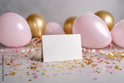 Celebrate With Pink and Gold Balloons and a Blank Card on a Festive Table Fil...