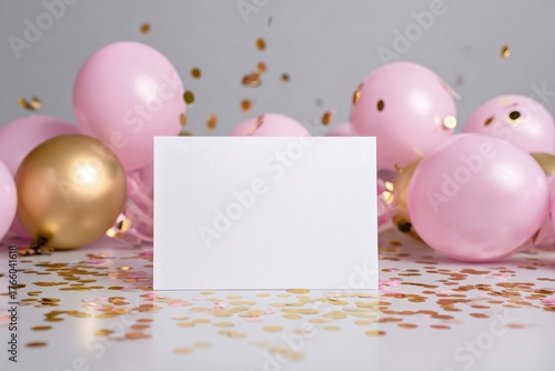 Celebrate With Pink and Gold Balloons and a Blank Card on a Festive Table Fil...