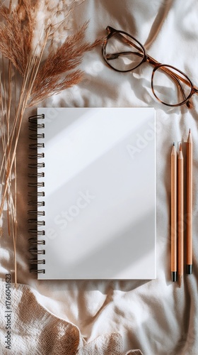 Blank Sketchbook Surrounded by Pencils and Drawing Tools on Gray Background