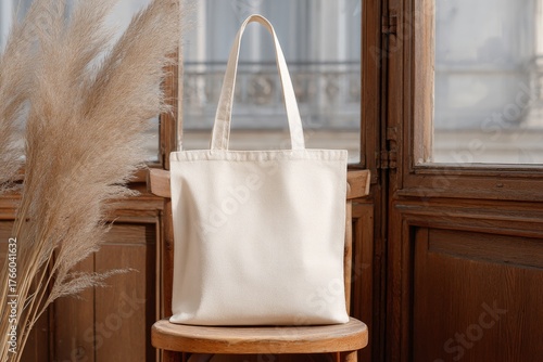 White Tote Bag Displayed on a Wooden Chair Near a Window With Soft Natural Li...