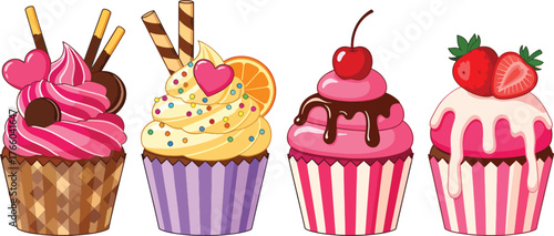 Vector art of assortment of colorful and decorated cupcakes, perfect for birthdays and celebrations
