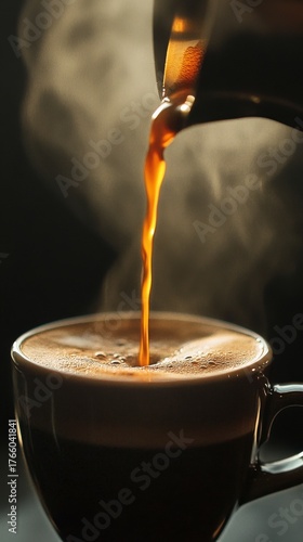 Pouring Hot Coffee Into a Clear Cup With Steam Rising in a Cozy Setting