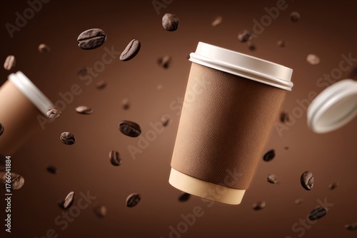 Coffee Cup Floating Among Aromatic Coffee Beans in an Artistic Display