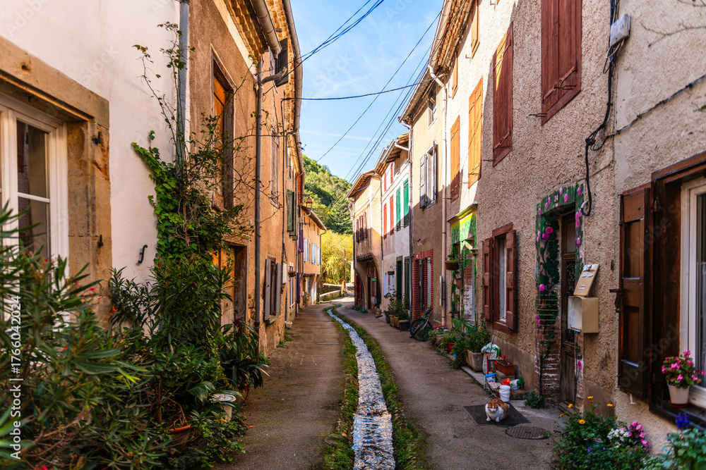 Fototapeta premium Narrow street in Durfort, in the Black Mountains, in the Tarn department, Occitanie region, France.