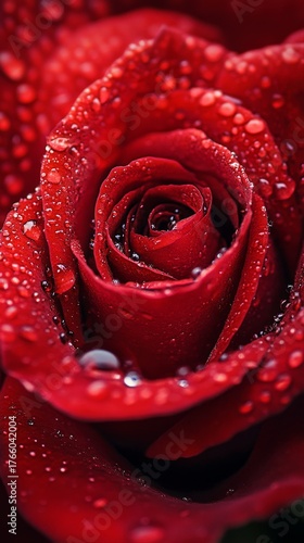 Beautiful Red Rose With Dew Drops Captured in Soft Focus During Morning Light