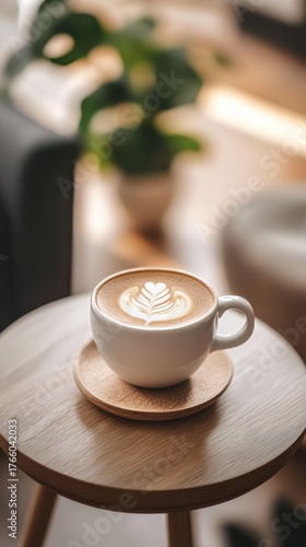 Warm Latte Art on a Wooden Table With Soft Natural Light in a Cozy Coffee Sho...