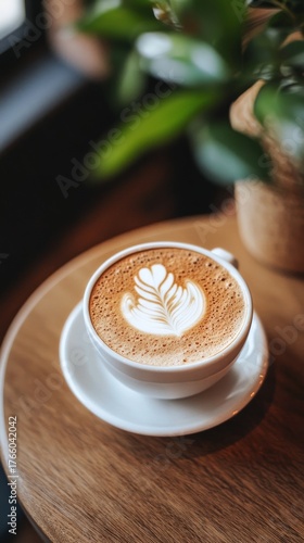 Warm Latte Art on a Wooden Table With Soft Natural Light in a Cozy Coffee Sho...