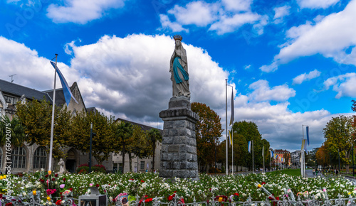 Statue of the Blessed Virgin Mary at the sanctuary of Lourdes, in the Hautes-Pyrénées department, Occitanie region, France.