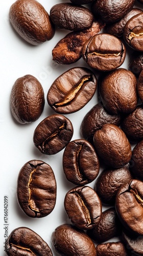 Quality Coffee Beans Spread out on a White Surface for Roasting and Brewing A...