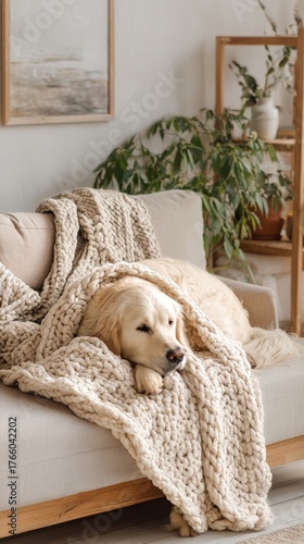 Cozy Golden Retriever Resting on a Soft Blanket in a Stylish Living Room With...