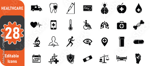 Collection of 28 editable healthcare and medical icons representing various aspects of health and wellness