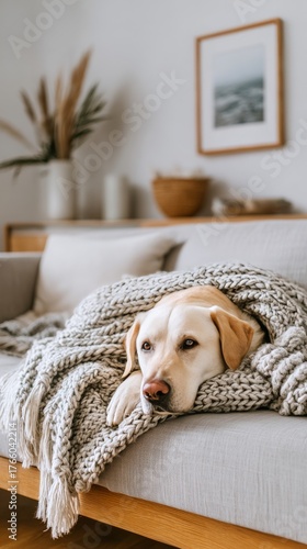 Cozy Yellow Lab Relaxing on a Sofa Wrapped in a Soft Blanket Indoors During D...