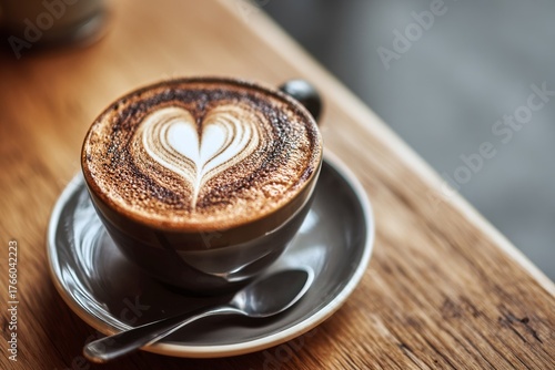 Warm Coffee Cup With Heart Design Sits on Wooden Table in a Cozy Cafe During ...