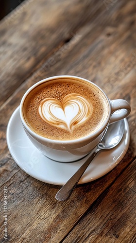 Delicious Coffee With Heart-Shaped Latte Art Served on a Wooden Table in a Co...