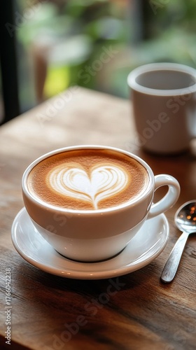 Delicious Coffee With Heart-Shaped Latte Art Served on a Wooden Table in a Co...
