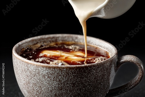 Cream Poured Into Dark Coffee in a Textured Cup at a Cozy Caf Setting During ...