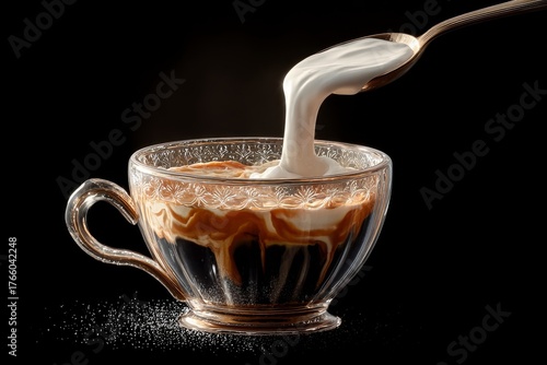 Cream Poured Into Dark Coffee in a Textured Cup at a Cozy Caf Setting During ...