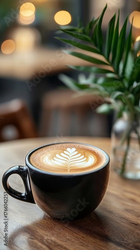 Warm Cup of Coffee With Detailed Latte Art on a Cozy Wooden Table