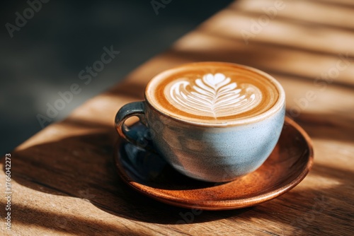 Perfectly Crafted Latte With Leaf Design on a Wooden Table During Morning Light